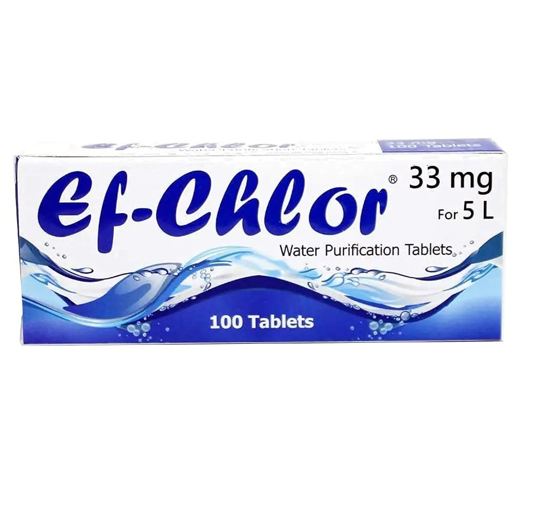 Ef-Chlor Water Purification Tablets/Drops 33 mg - Pack of 100 Tablets - Potable Drinking Water Treatment Ideal for Emergencies Survival Travel and Camping Purifies 2.64 Gallons in 1 Tablet - TaleezDeals