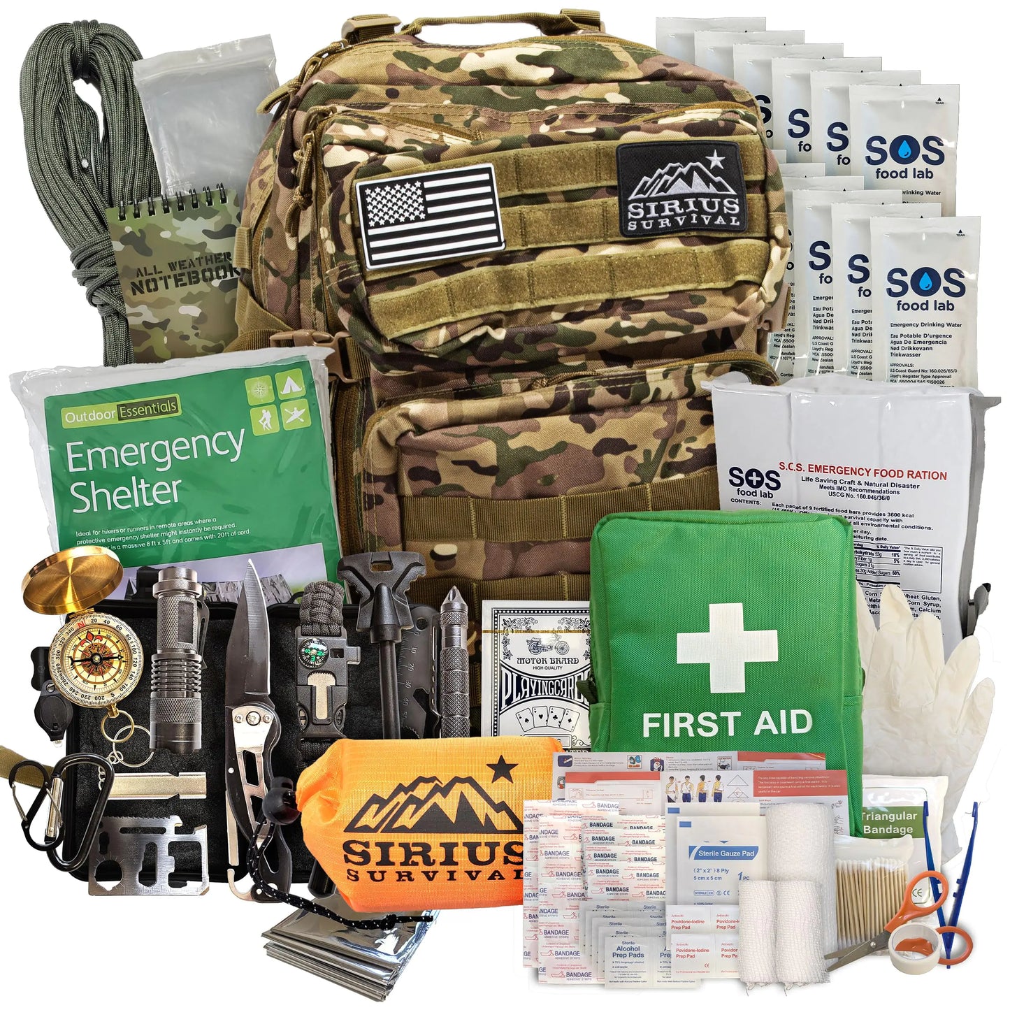 Sirius: Bug Out Bag Starter Kit - 72 Hour Kit for 1 Person – Backpack Survival Kit – 50L Tactical Backpack US Made Food & Water Medical Supplies & Survival Tools (Camo 1 Person) - TaleezDeals