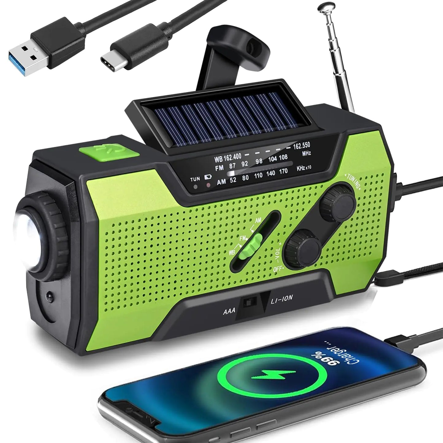WenBelle Emergency Weather Radio Hand Crank Portable Solar Charging with AM/FM/NOAA LED Flashlights Reading Lamp SOS Alarm Rechargeable (WB02 Green) - TaleezDeals