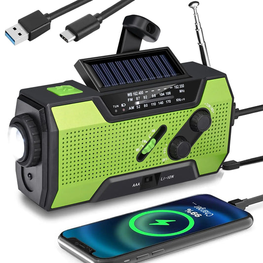 WenBelle Emergency Weather Radio Hand Crank Portable Solar Charging with AM/FM/NOAA LED Flashlights Reading Lamp SOS Alarm Rechargeable (WB02 Green) - TaleezDeals