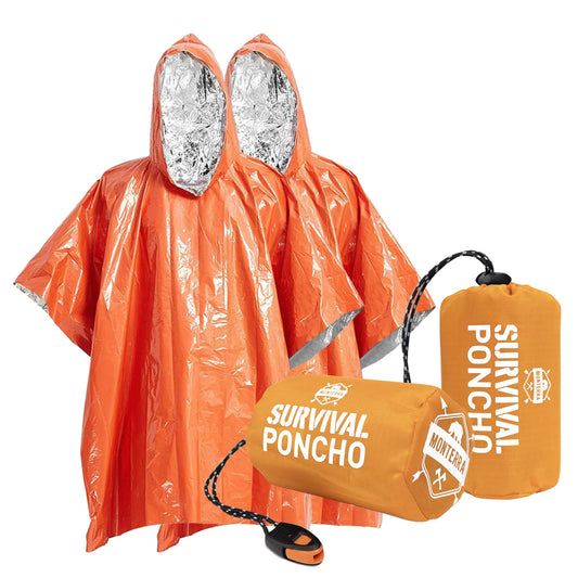 Monterra Emergency Survival Poncho. 2 Thermal Mylar Space Blanket Rain Ponchos. Camping Accessories Outdoor Survival Gear and Equipment EDC. (Orange) - TaleezDeals