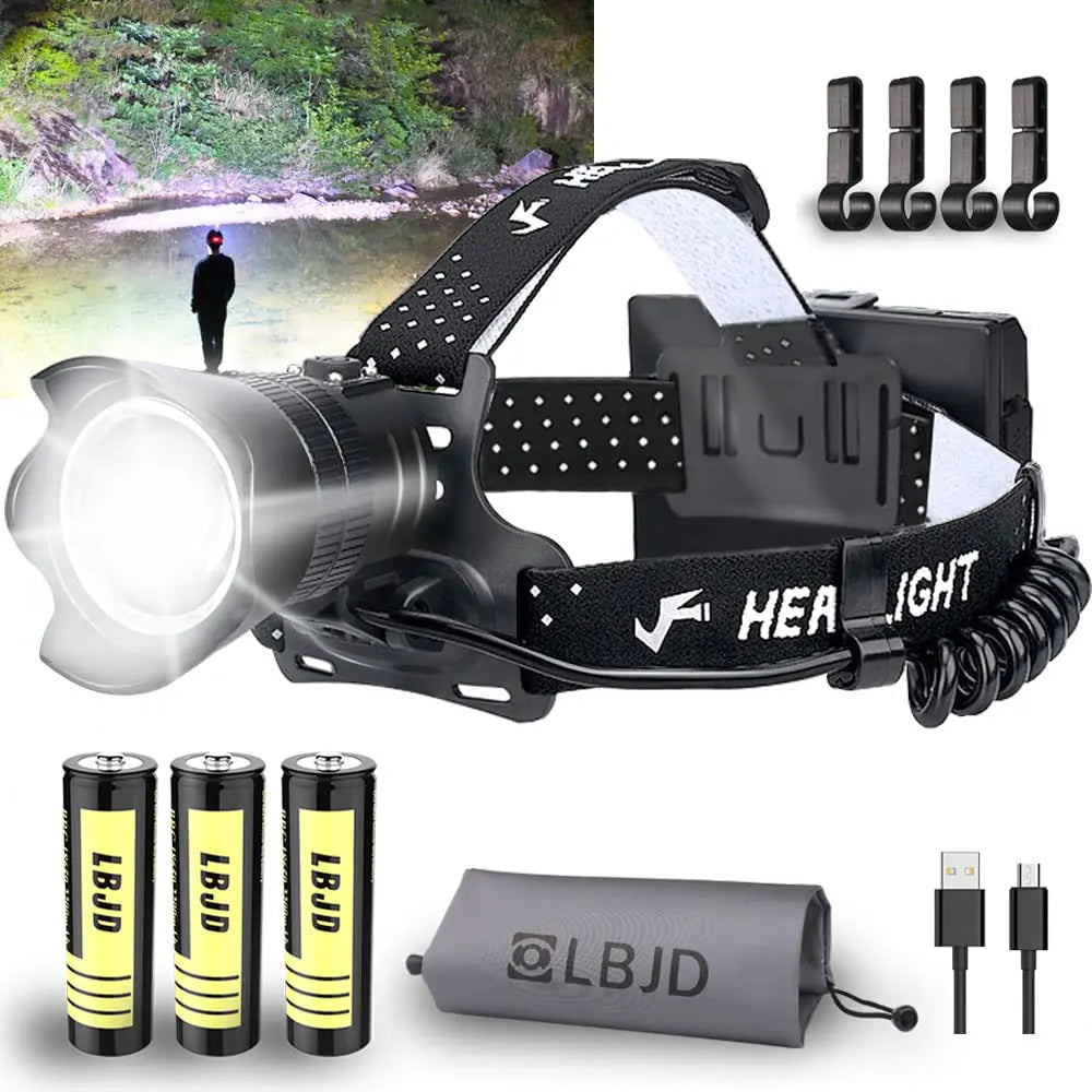 LBJD XHP90 LED Hunting Headlamp 90000 USB Rechargeable Headlamps with Red Lights Zoomable Super Bright Gifts for Men for Power Outages Hurricane Camping - TaleezDeals
