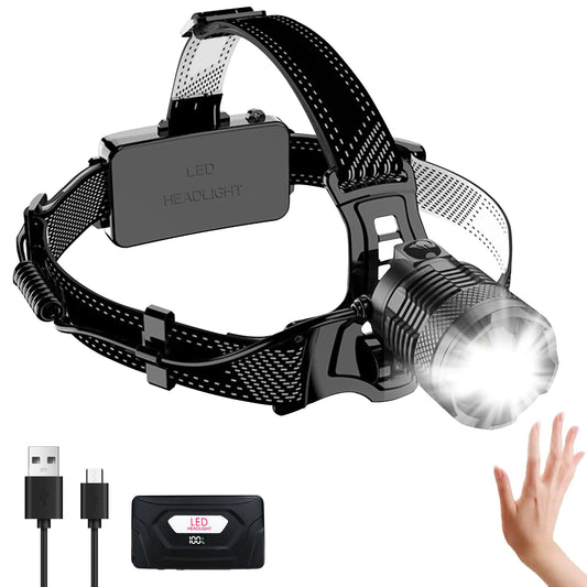 120000LM LED Headlamp Rechargeable Forehead Headlight 10H Long Battery Life Zoomable 90° Adjustable Weatherproof Headlamps for Camping Running Cycling Hunting - 3 Modes with Motion Sensor - TaleezDeals