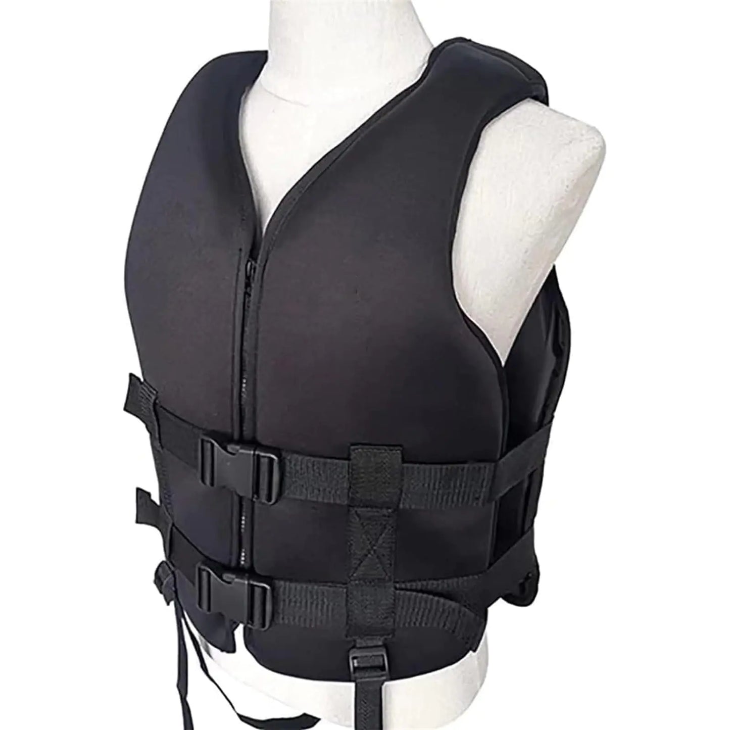 Side profile of black adjustable neoprene swim vest showcasing double nylon webbing straps.