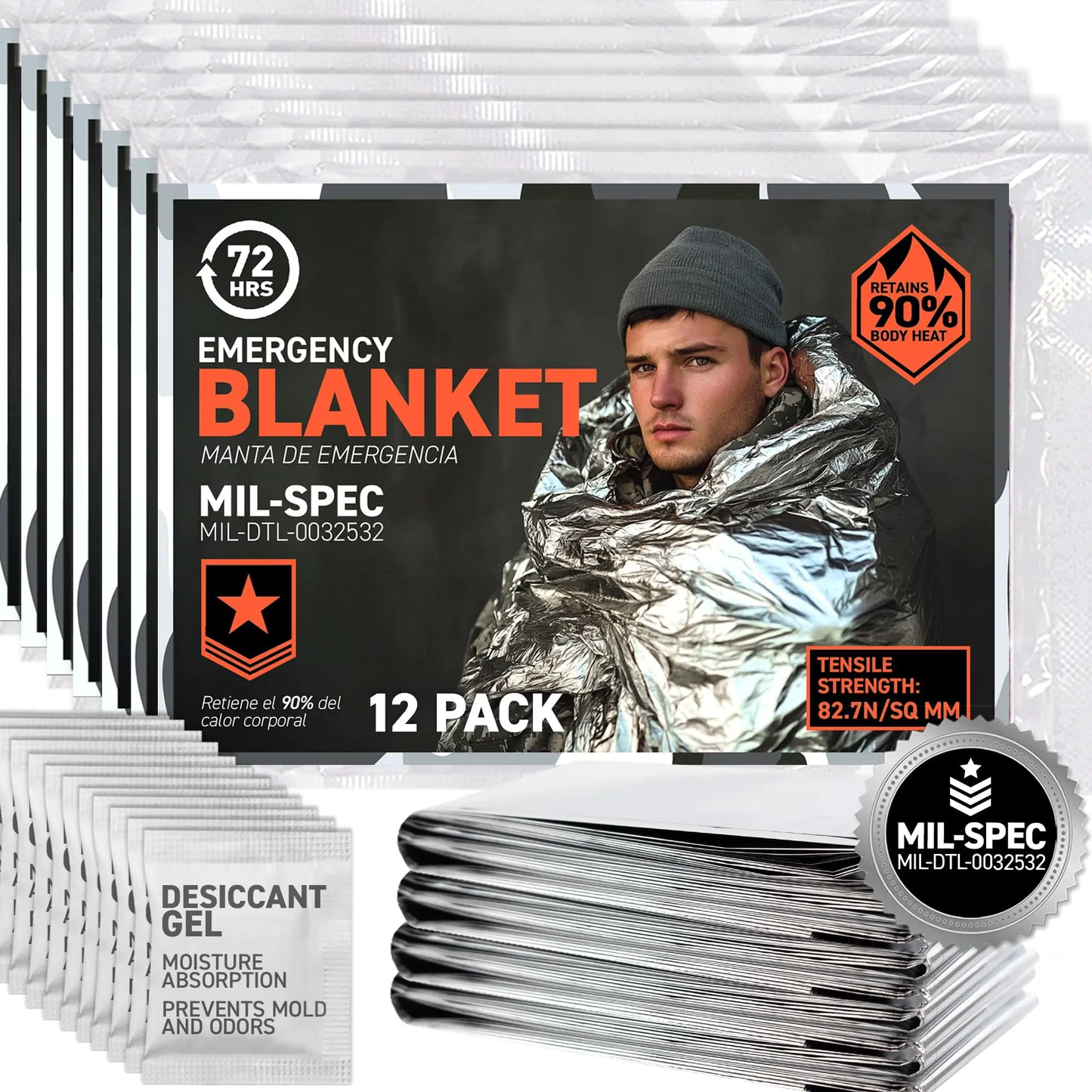 72 HRS MIL-SPEC Emergency Space Blankets – Mylar Survival or Emergency Thermal Blankets for Camping Hiking Marathon First Aid Emergency Preparedness Extreme Weather Shelter (12-Pack) - TaleezDeals
