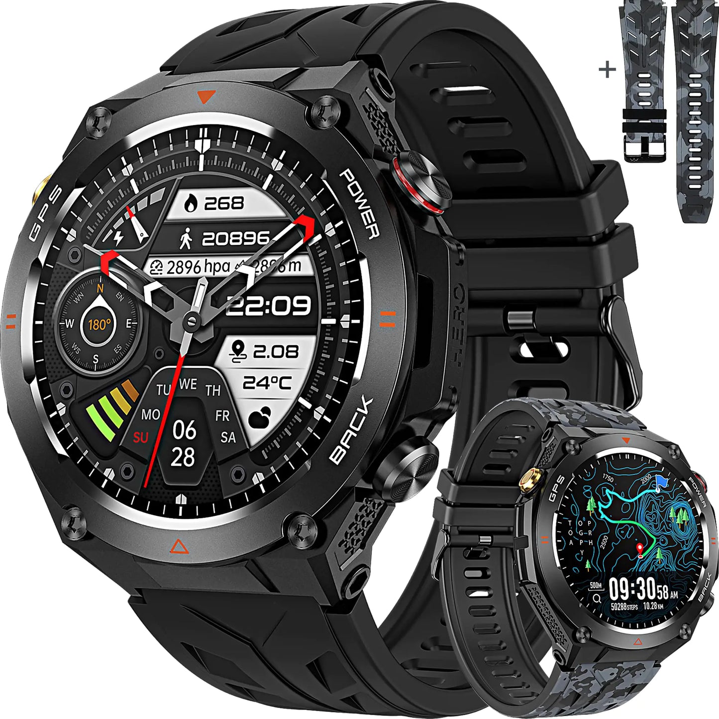 Military GPS Smart Watch: 1.45” IPS Screen Built-In GPS Altimeter Barometer Compass Fitness/Wellness Tracker BT Call Games Long Battery Life 100+ Sports Waterproof AI Voice Android/iOS - TaleezDeals