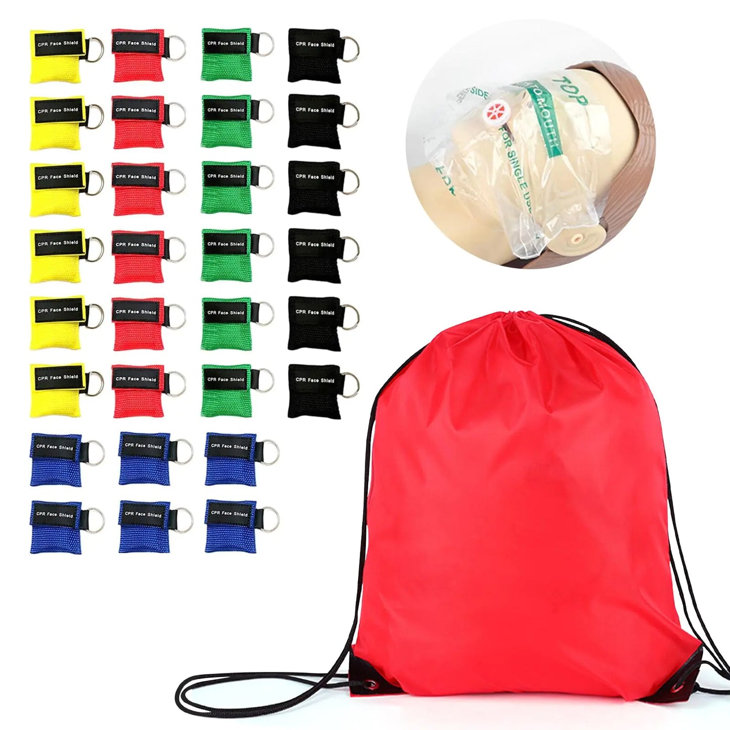 Yzpacc Set of 30 CPR Mask& Red Bag CPR Shield Mask Emergency Mask Key Chain Ring CPR Keychain Mask with One-Way Valve Breathing Barrier CPR Pocket Mask for First Aid or AED Training - TaleezDeals