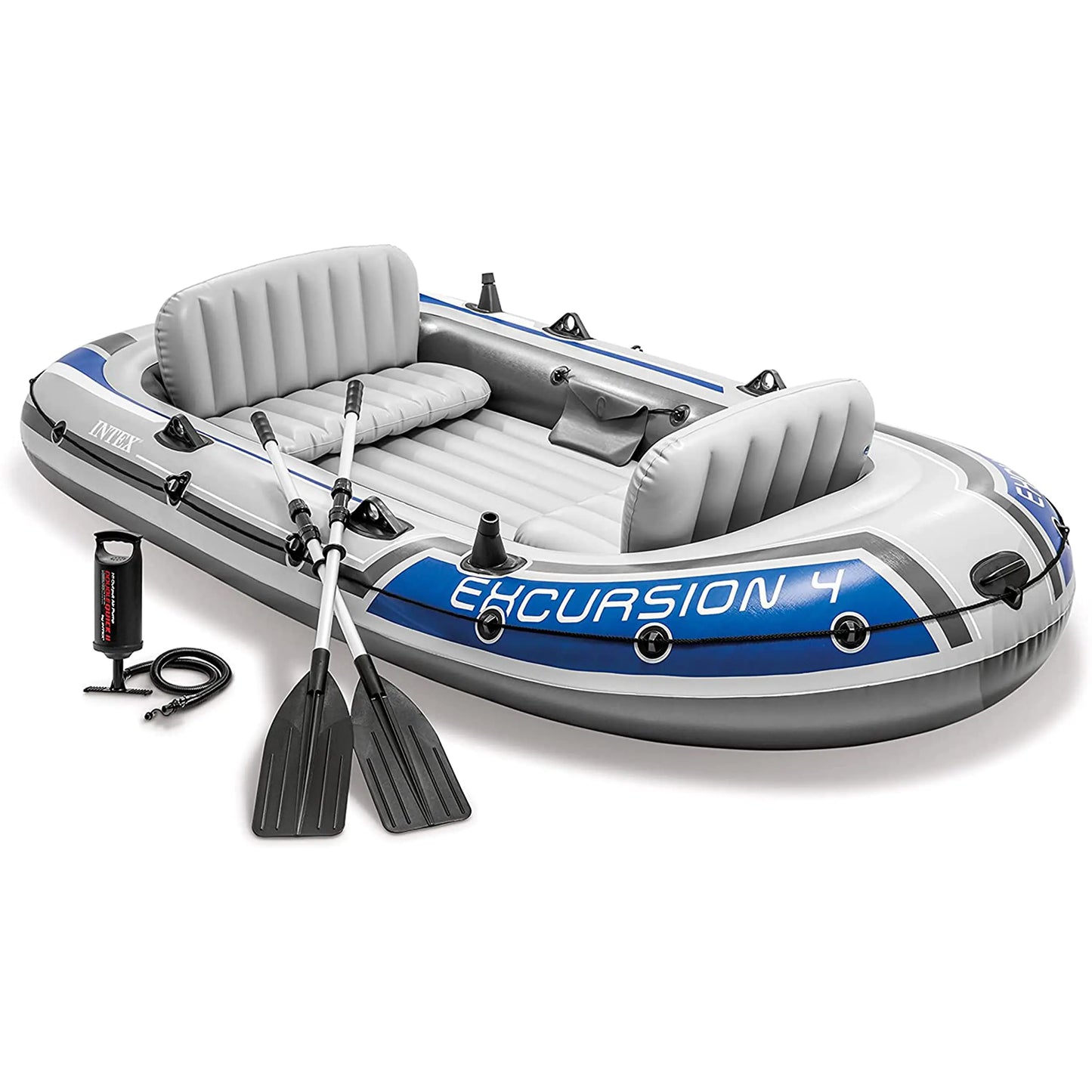 Intex 4-person inflatable boat set with aluminum oars and high-output pump, ideal for fishing and leisure