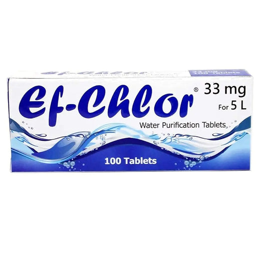 Ef-Chlor Water Purification Tablets/Drops 33 mg - Pack of 100 Tablets - Potable Drinking Water Treatment Ideal for Emergencies Survival Travel and Camping Purifies 2.64 Gallons in 1 Tablet - TaleezDeals