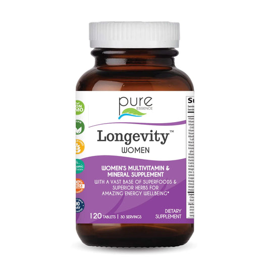Longevity Women's Formula multivitamin bottle by Pure Essence Labs, featuring a blend of SuperFoods and herbs for women's health.