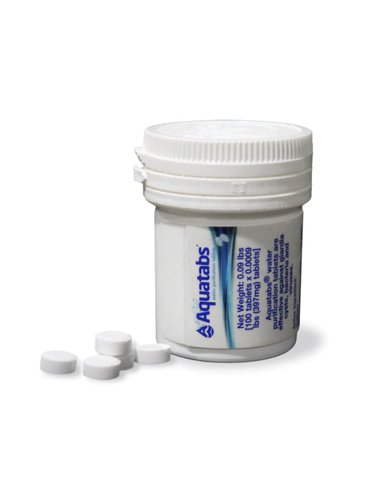 Aquatabs 397mg Water Purification Tablets (100 Pack). Water Filtration System for Camping Boating Emergencies Survival RVs and Marine-Use. Easy to Use Treatment and Disinfection. - TaleezDeals