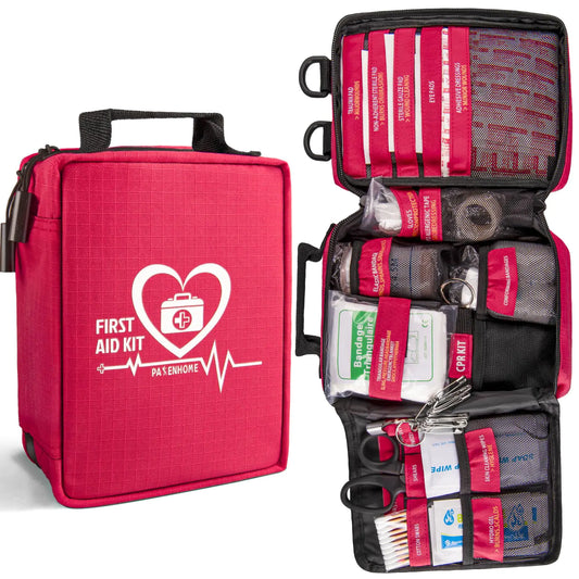 Pasenhome First Aid Kit opened to display labeled medical supplies and organized compartments.