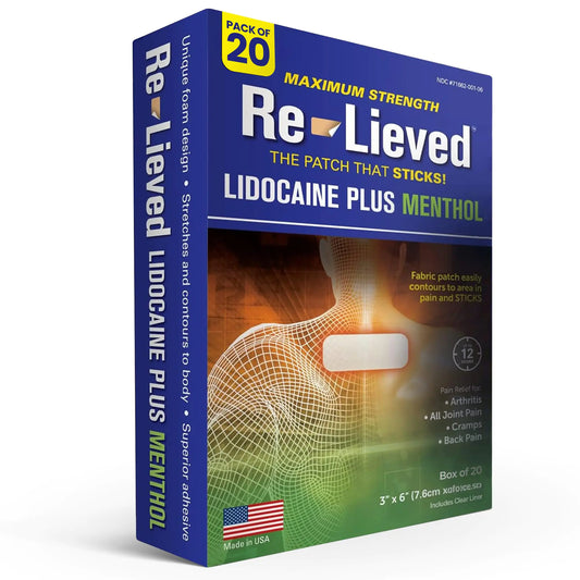 Re-lieved 4% Lidocaine & 1% Menthol Pain Relief Patches - Maximum Strength Medicated Patches for Joint & Muscle Pain - Stick-on Fast-Acting Pain Relief - Aluminum-Free USA Made Pain Patches - 20 PCS - TaleezDeals