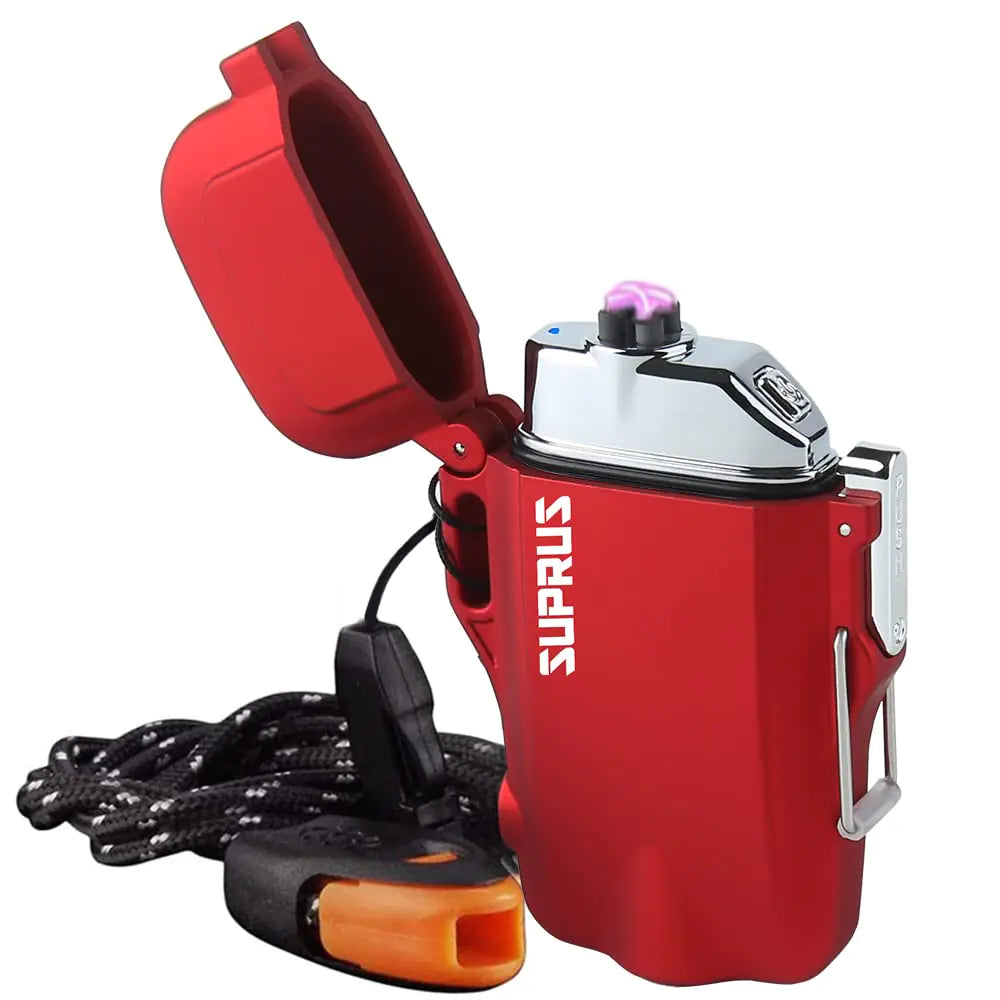 SUPRUS Waterproof Lighter 3 Modes of Flashlight Windproof Lighter Dual Arc Electric Lighters Rechargeable Dual Arc Plasma Lighter with Survival Emergency Whistle and Lanyard Red - TaleezDeals