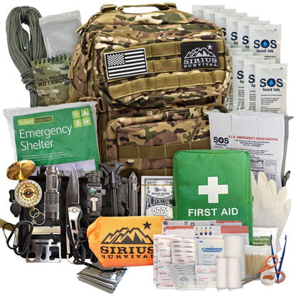 Sirius: Bug Out Bag Starter Kit - 72 Hour Kit for 1 Person – Backpack Survival Kit – 50L Tactical Backpack US Made Food & Water Medical Supplies & Survival Tools (Camo 1 Person) - TaleezDeals