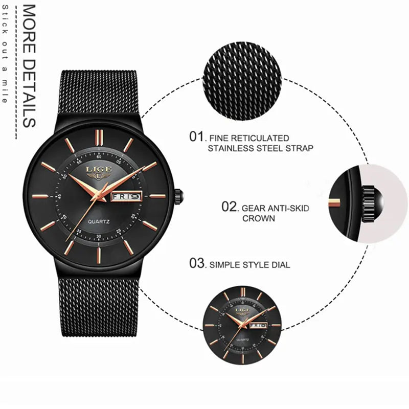 Quality Lige Quartz watches with reticulated steel strap