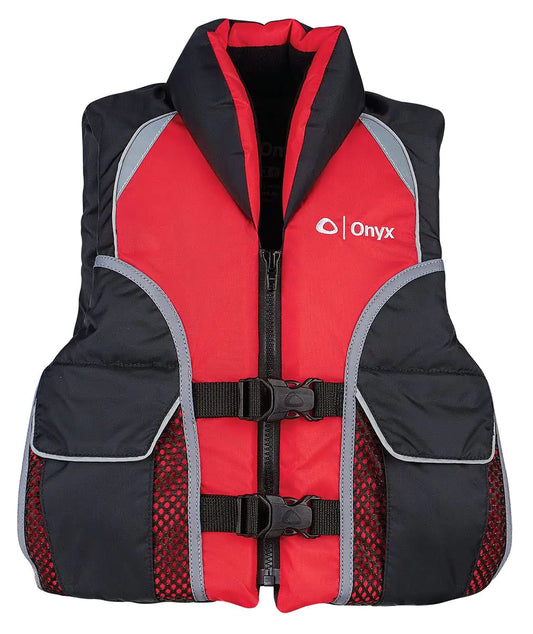 Universal fit adult life jacket with adjustable straps and open-sided design