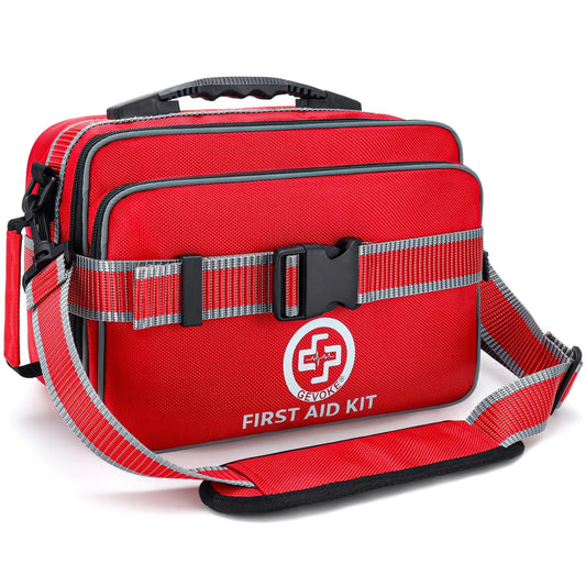 Comprehensive emergency first aid kit with 500 medical supplies displayed