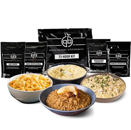 Variety pack of emergency meal kits including soup, oatmeal, and mac and cheese