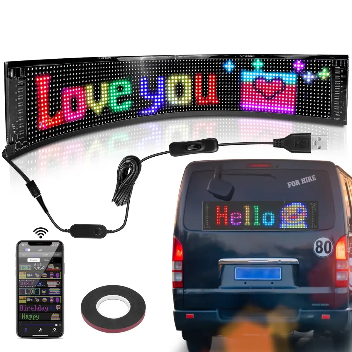 LED Scrolling Sign USB 5V Bluetooth App Control Customizable Car Display - TaleezDeals